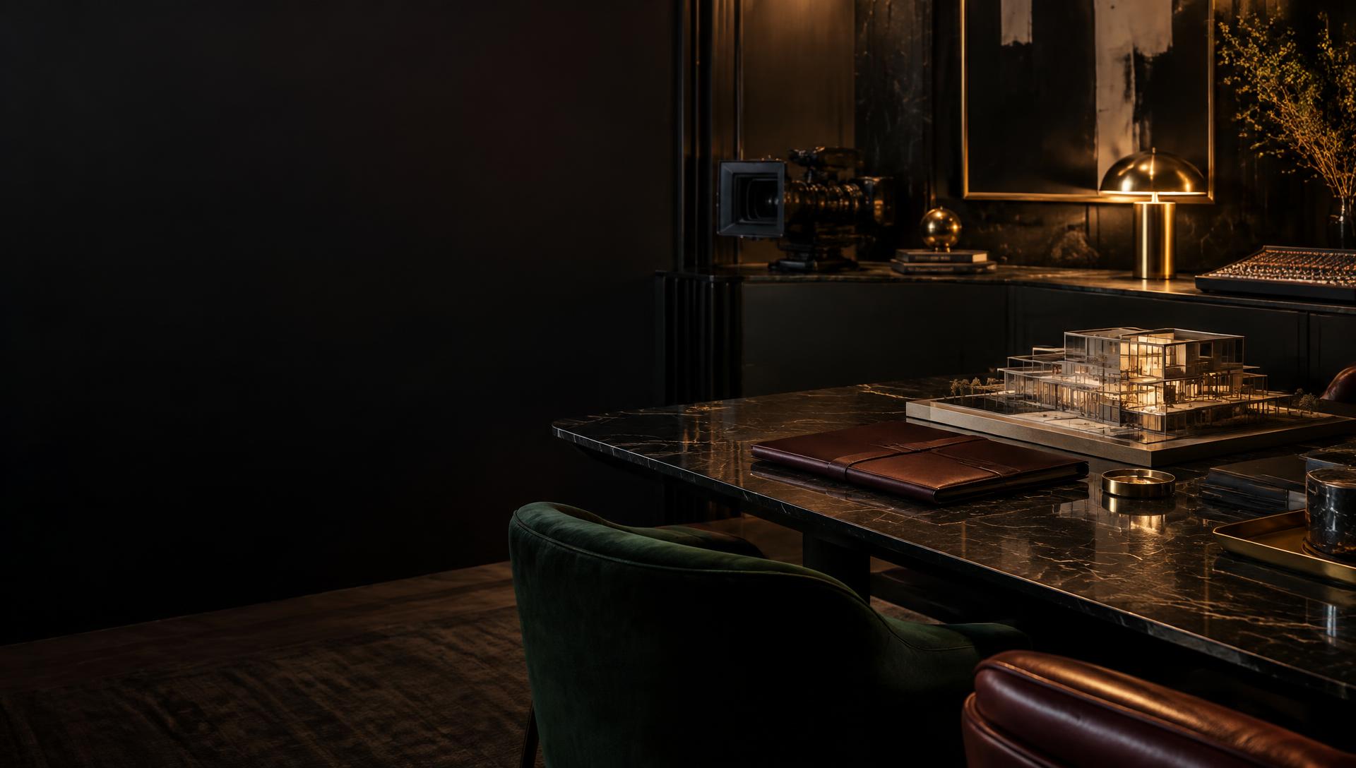 Luxury creative strategy studio with architectural model and production equipment